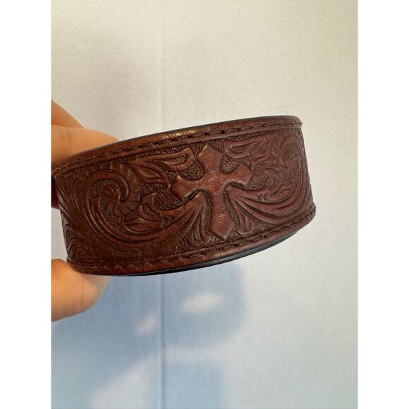 Nocona Mens Western Belt Leather Tooled Small Brown Cross Scroll‎ No Buckle - Picture 1 of 10